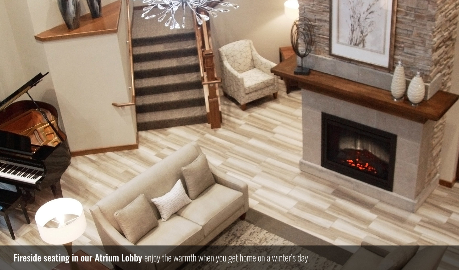 Fireside seating in our Atrium Lobby; enjoy the warmth when you get home on a winter's day