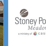 Aerial view of Stoney Point Meadows assisted living community with landscaped courtyard and walking paths.