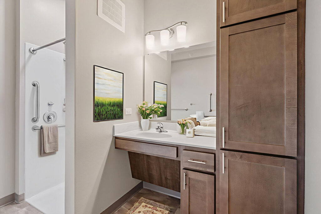 Apartment bathroom with vanity sink, mirror, storage cabinetry, and walk-in shower with grab bars at Stoney Point Meadows