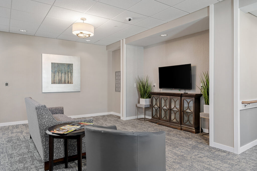 Common lounge area with upholstered chairs, side table, wall-mounted artwork, and a television on a console in a quiet seating space at Stoney Point Meadows