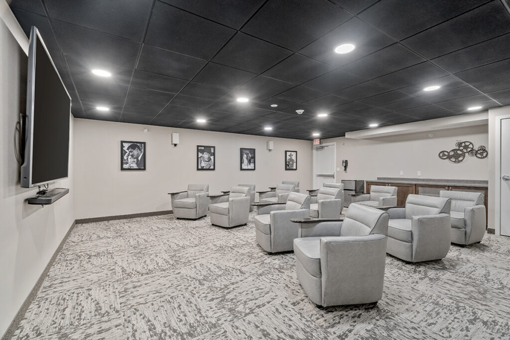 Theater-style room with cushioned armchairs facing a large wall-mounted television, with framed décor and low lighting at Stoney Point Meadows