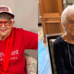 Resident photos from Stoney Point Meadows featuring two residents seated indoors, one in patriotic attire and one holding a patriotic cup.